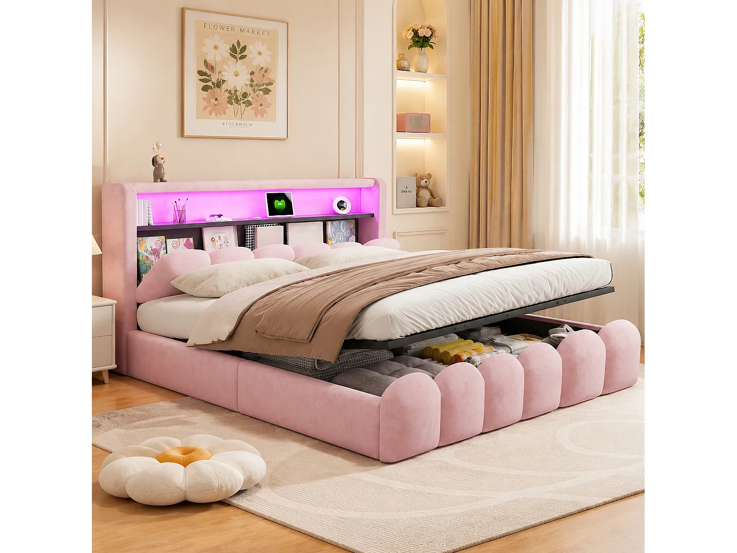 Lit rembourré 180x200 avec rangement - Ports USB+ et Type-C - Lumières LED - Rose (matelas non inclus)