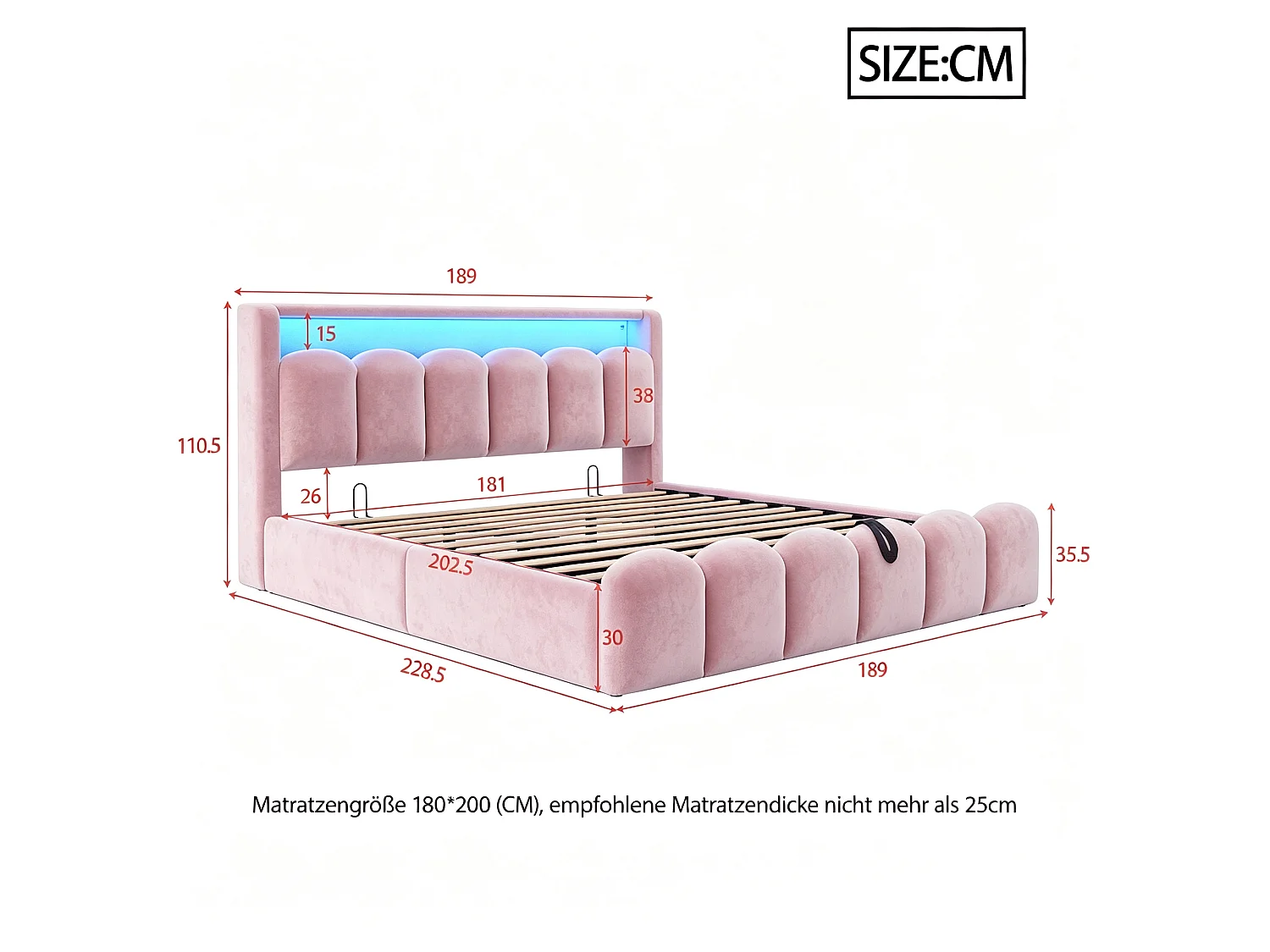 Lit rembourré 180x200 avec rangement - Ports USB+ et Type-C - Lumières LED - Rose (matelas non inclus)