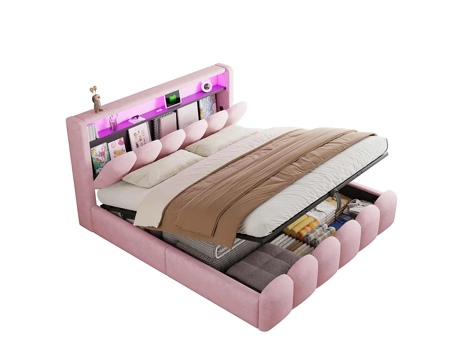 Lit rembourré 180x200 avec rangement - Ports USB+ et Type-C - Lumières LED - Rose (matelas non inclus)