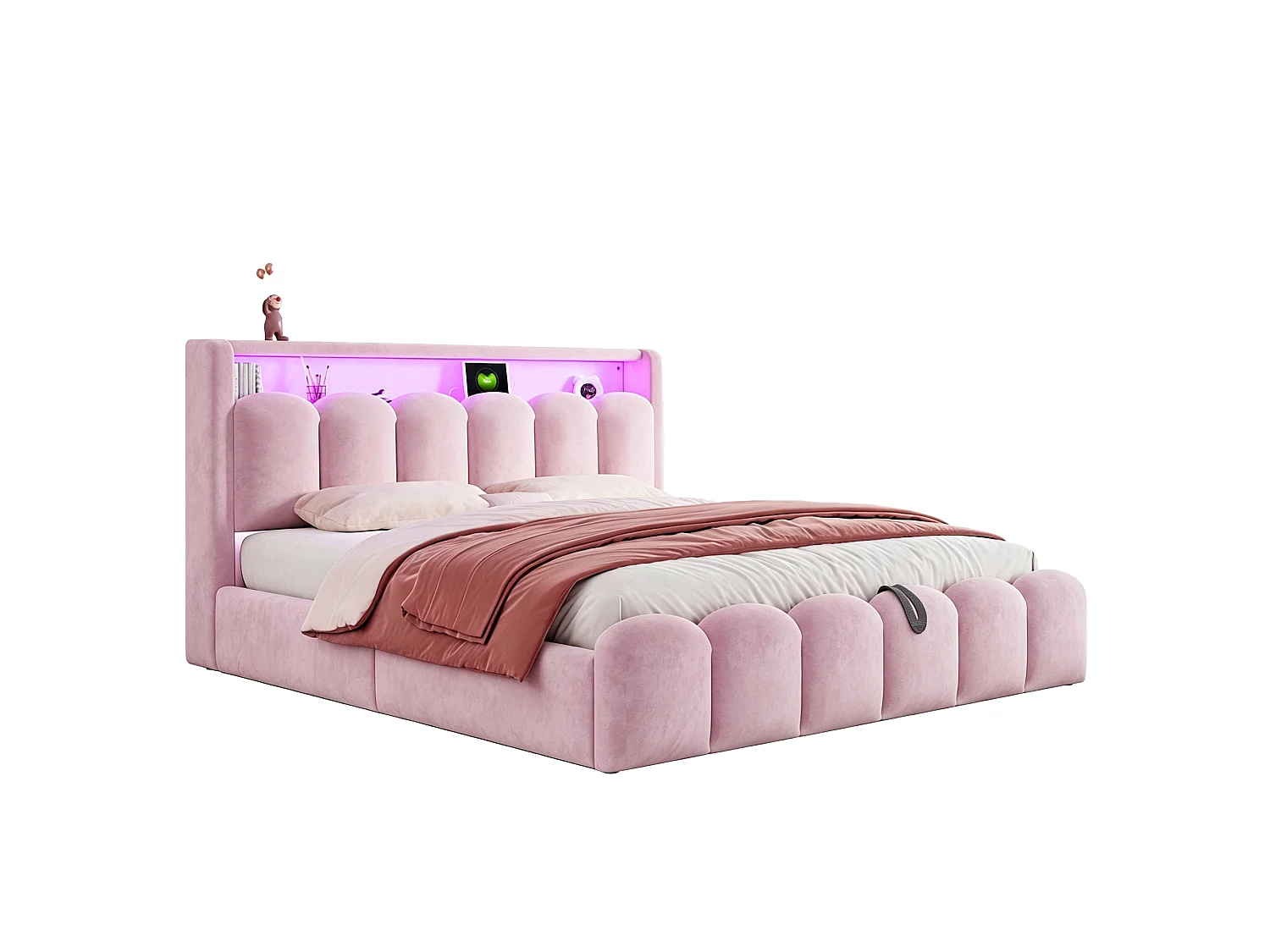 Lit rembourré 180x200 avec rangement - Ports USB+ et Type-C - Lumières LED - Rose (matelas non inclus)