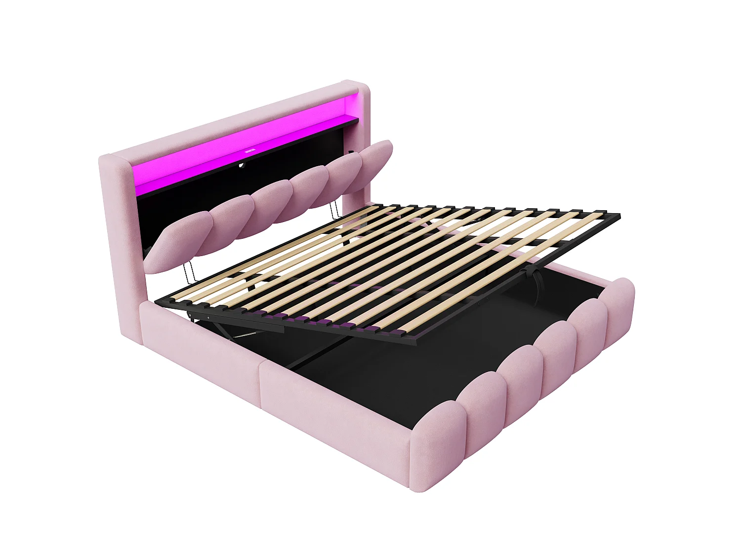 Lit rembourré 180x200 avec rangement - Ports USB+ et Type-C - Lumières LED - Rose (matelas non inclus)