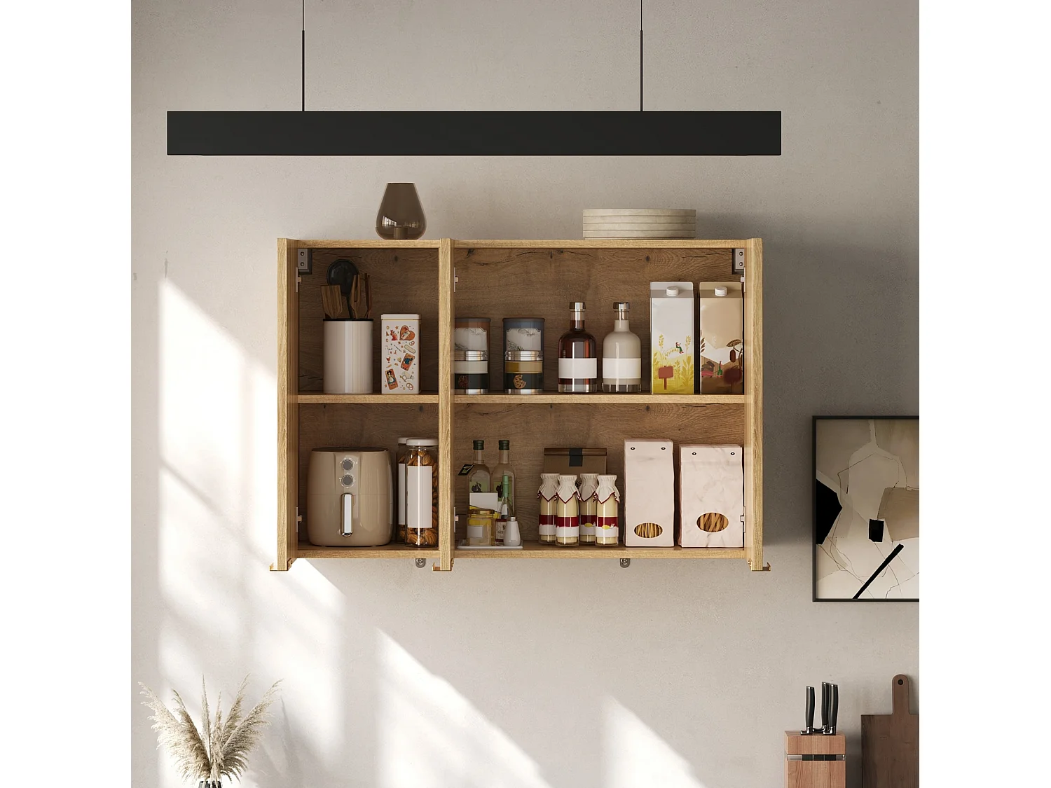 Meubel voor aan de muur 90×29×60 cm - met 3 deuren - golfvormige deur - Natuurlijk