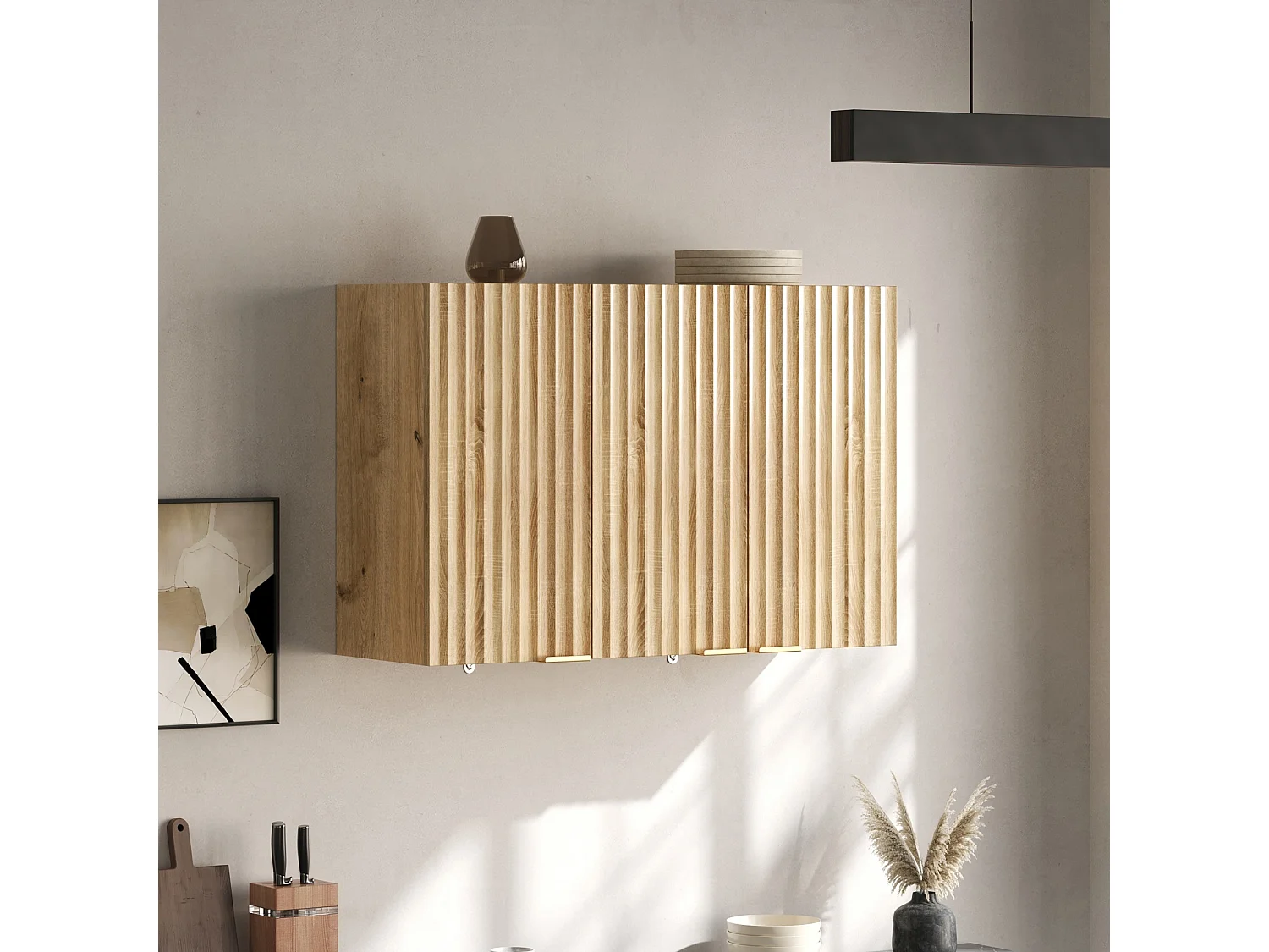 Meubel voor aan de muur 90×29×60 cm - met 3 deuren - golfvormige deur - Natuurlijk