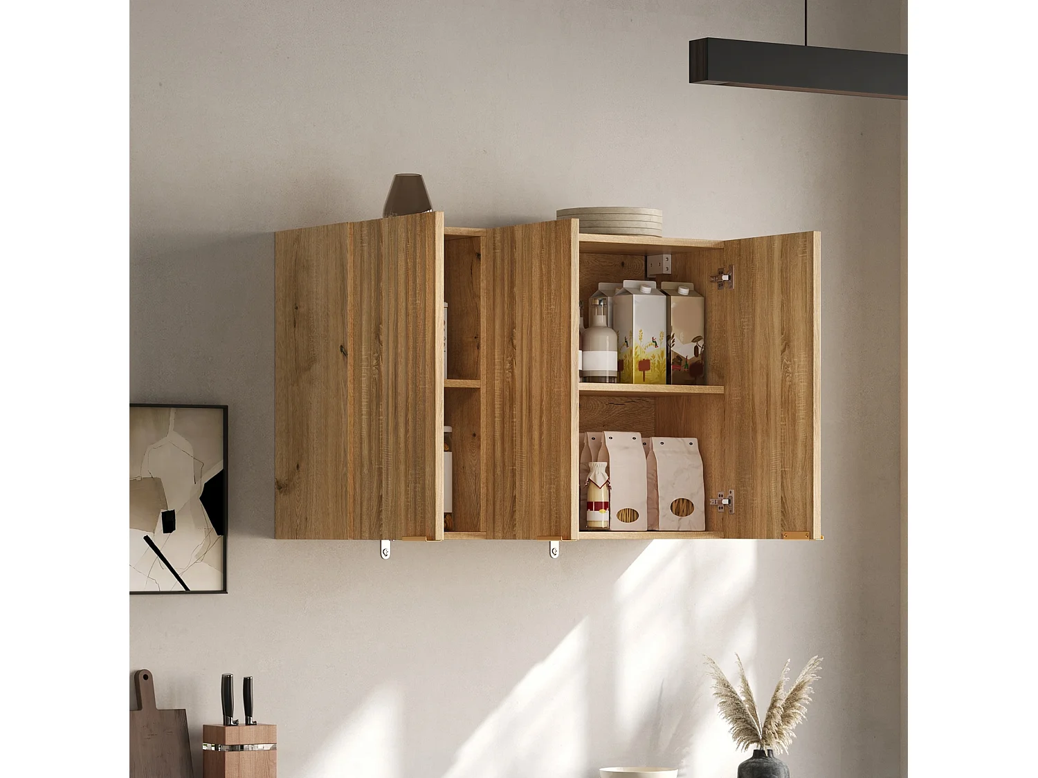 Meubel voor aan de muur 90×29×60 cm - met 3 deuren - golfvormige deur - Natuurlijk