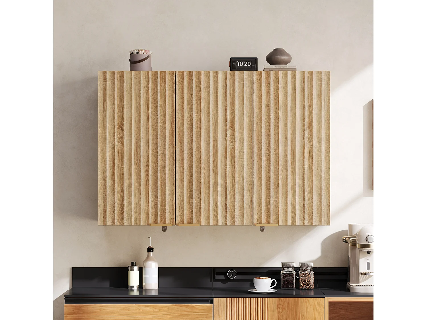 Meubel voor aan de muur 90×29×60 cm - met 3 deuren - golfvormige deur - Natuurlijk