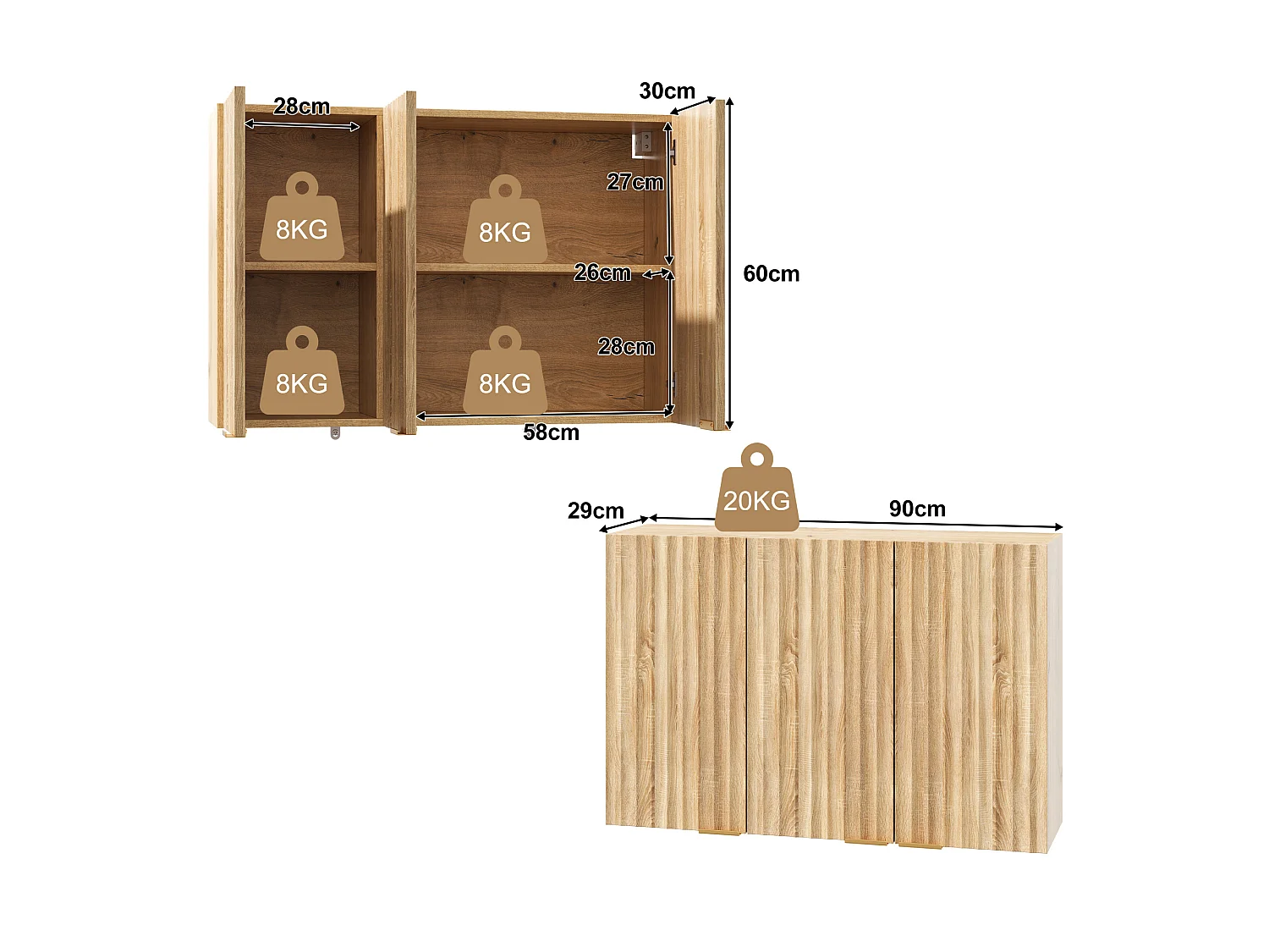 Meubel voor aan de muur 90×29×60 cm - met 3 deuren - golfvormige deur - Natuurlijk