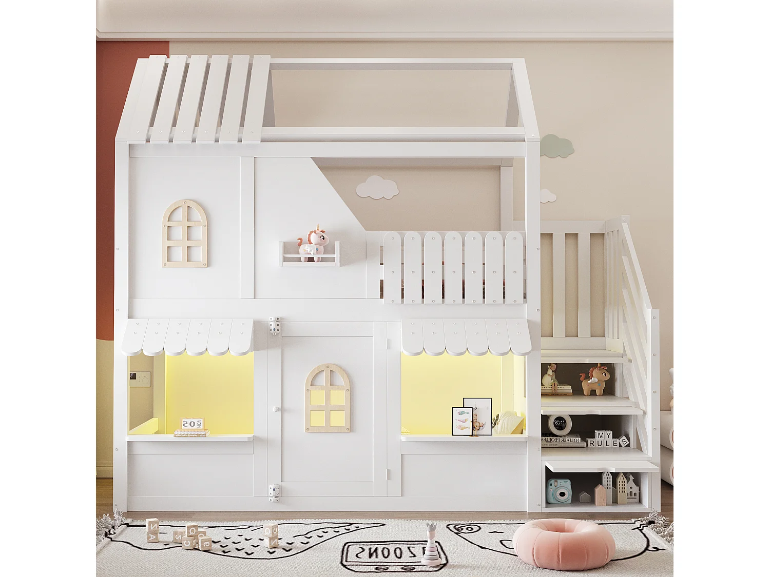 Lit superposé enfant 90 x 200 cm - avec échelle de rangement - avec éclairage LED - blanc (matelas non inclus)