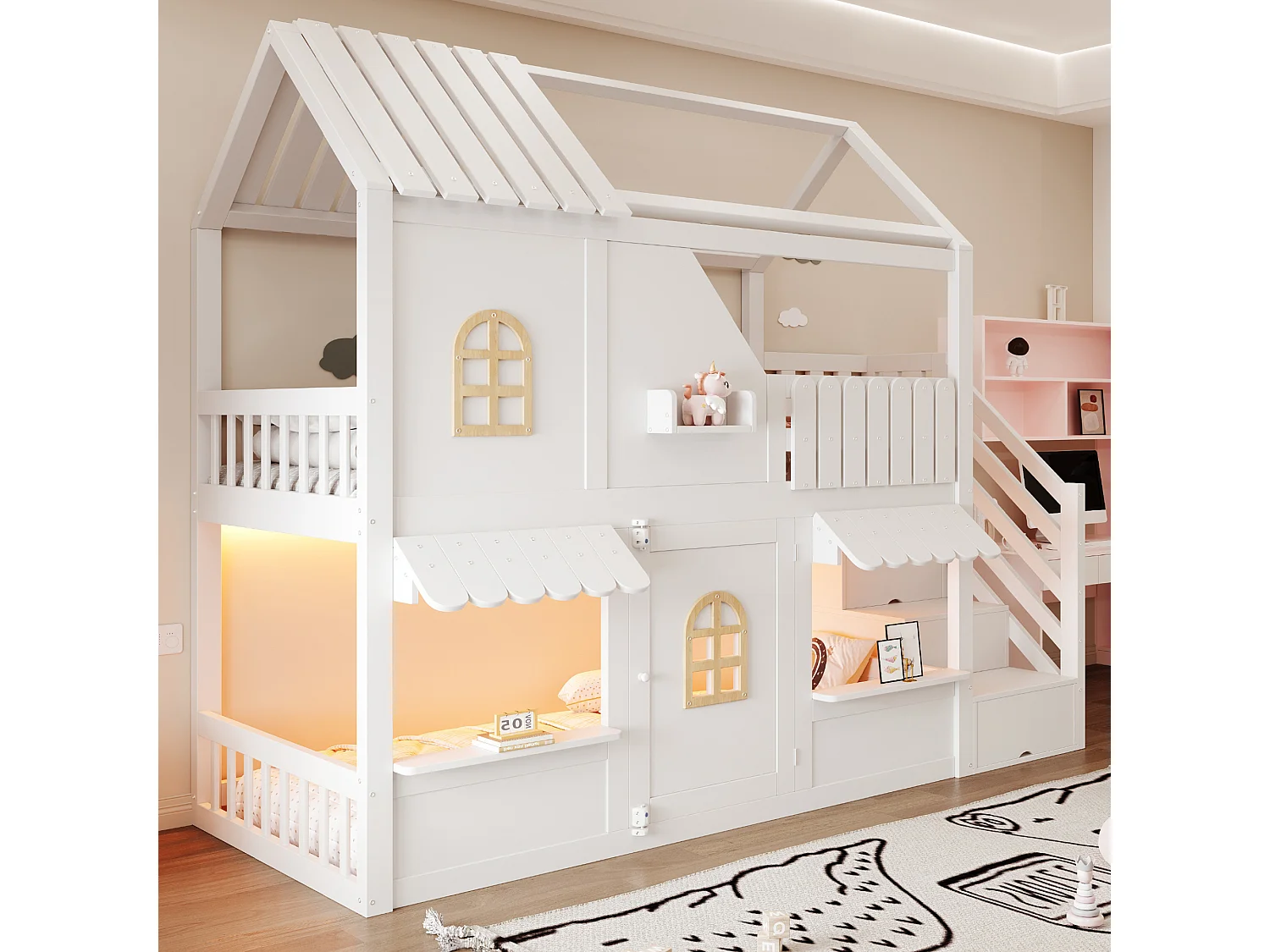 Lit superposé enfant 90 x 200 cm - avec échelle de rangement - avec éclairage LED - blanc (matelas non inclus)