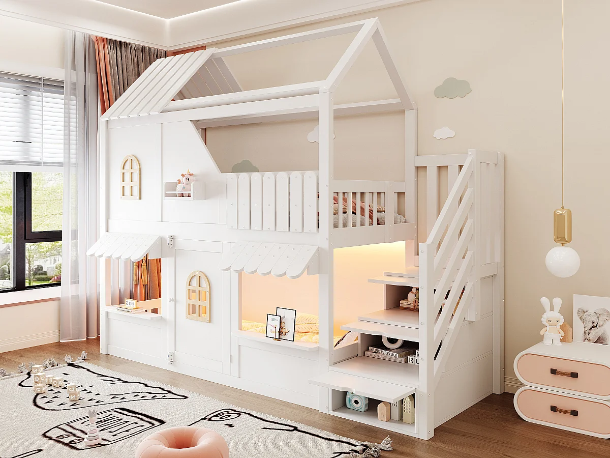 Lit superposé enfant 90 x 200 cm - avec échelle de rangement - avec éclairage LED - blanc (matelas non inclus)