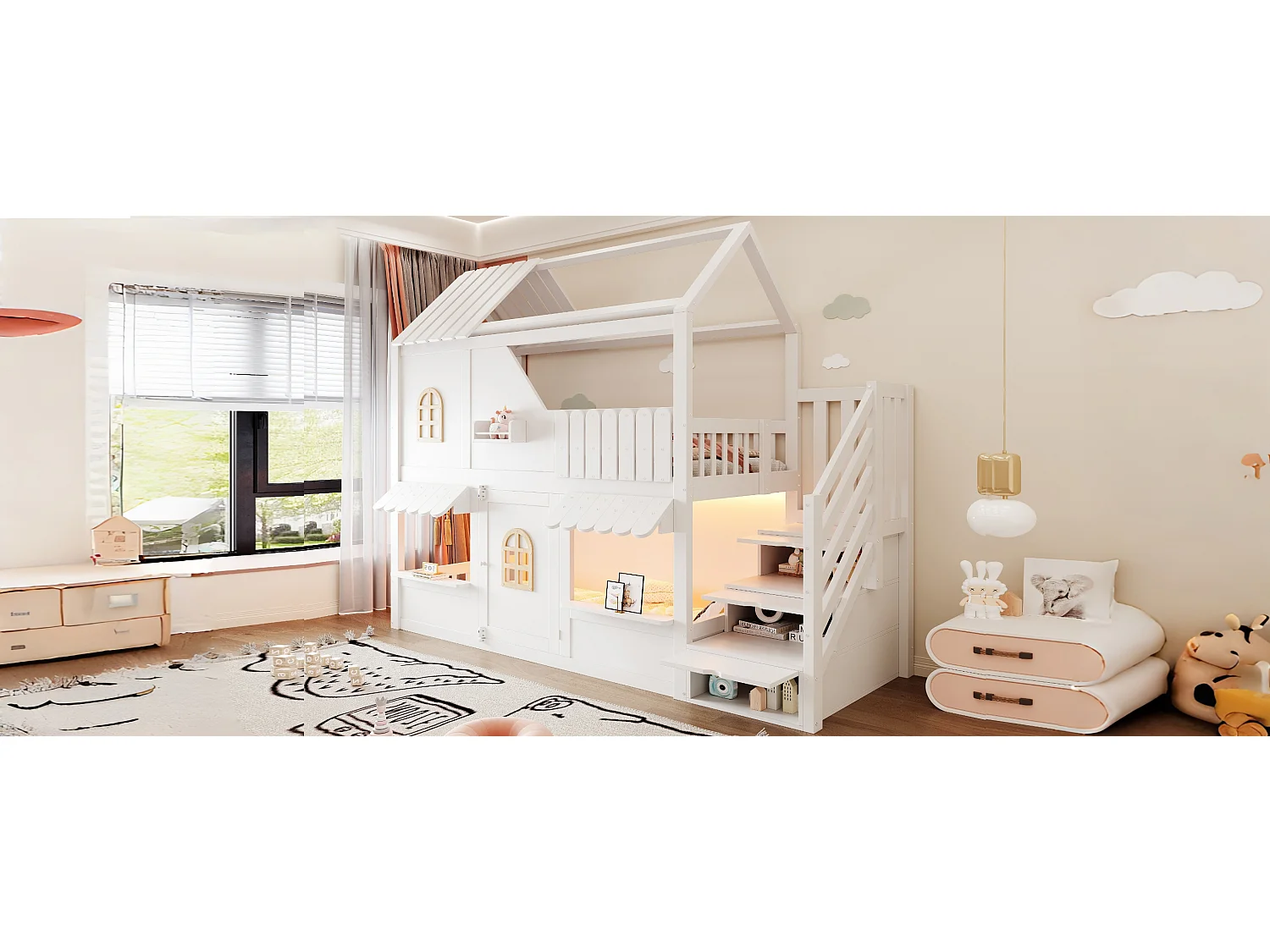 Lit superposé enfant 90 x 200 cm - avec échelle de rangement - avec éclairage LED - blanc (matelas non inclus)