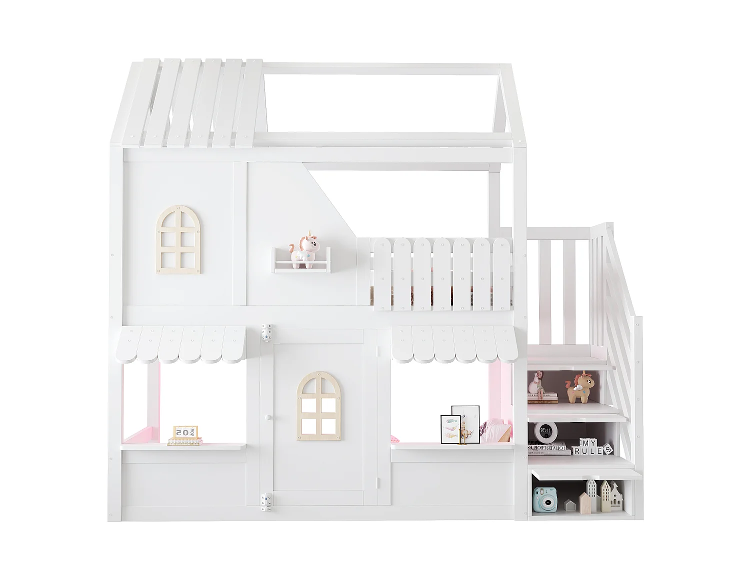 Lit superposé enfant 90 x 200 cm - avec échelle de rangement - avec éclairage LED - blanc (matelas non inclus)