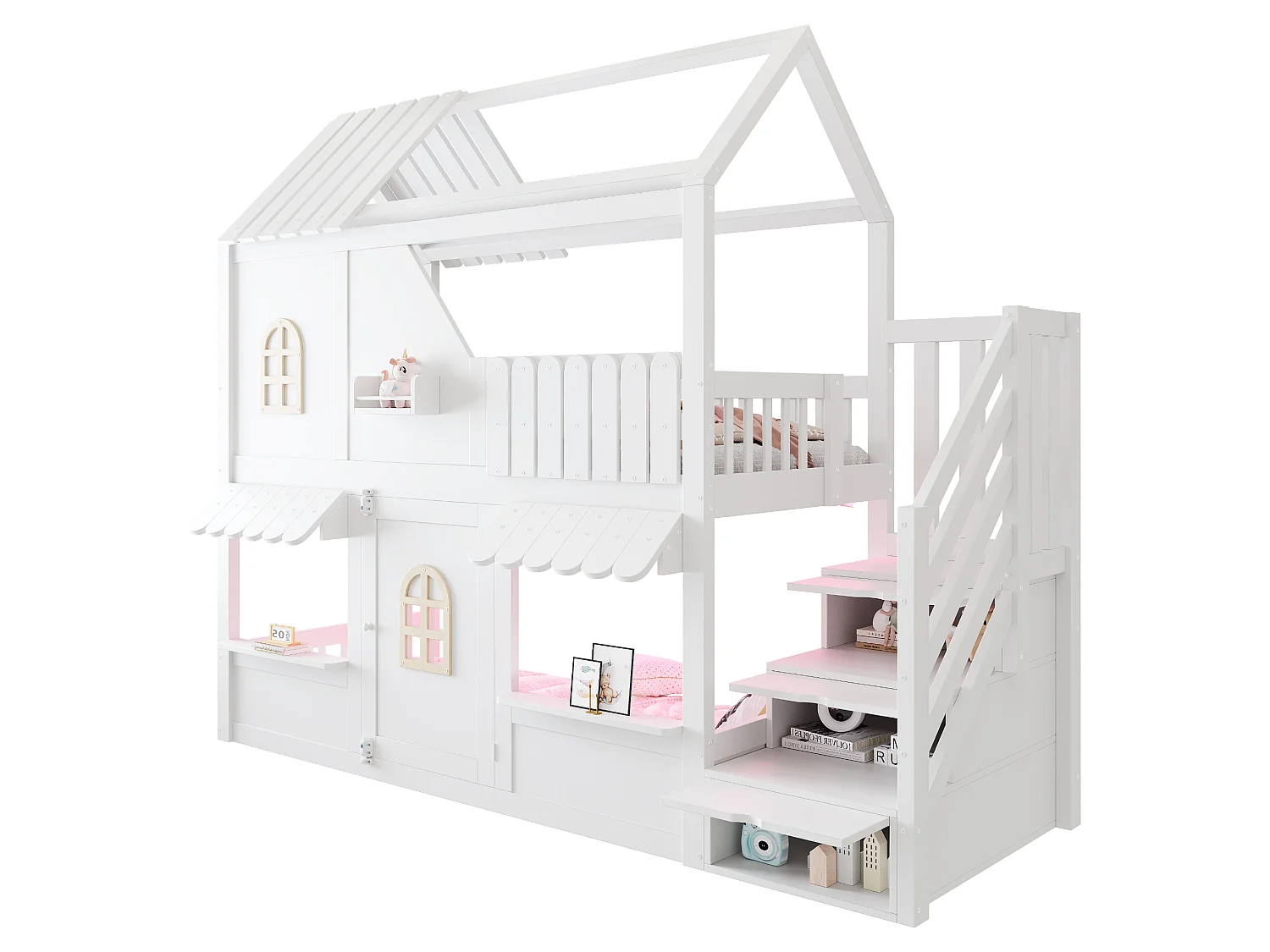 Lit superposé enfant 90 x 200 cm - avec échelle de rangement - avec éclairage LED - blanc (matelas non inclus)