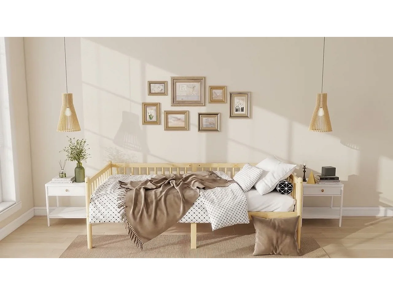 Bankbed 90x200cm van Grenen - met barrieres op 3 zijden - matras max 13cm - Natuur