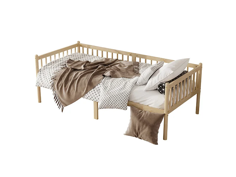 Bankbed 90x200cm van Grenen - met barrieres op 3 zijden - matras max 13cm - Natuur