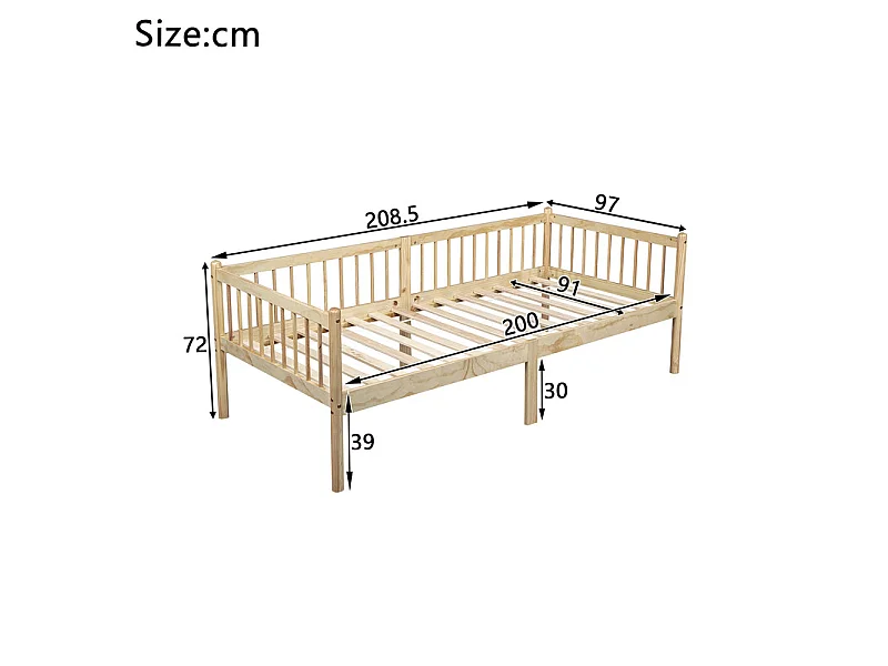 Bankbed 90x200cm van Grenen - met barrieres op 3 zijden - matras max 13cm - Natuur