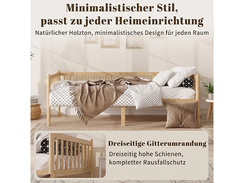 Bankbed 90x200cm van Grenen - met barrieres op 3 zijden - matras max 13cm - Natuur