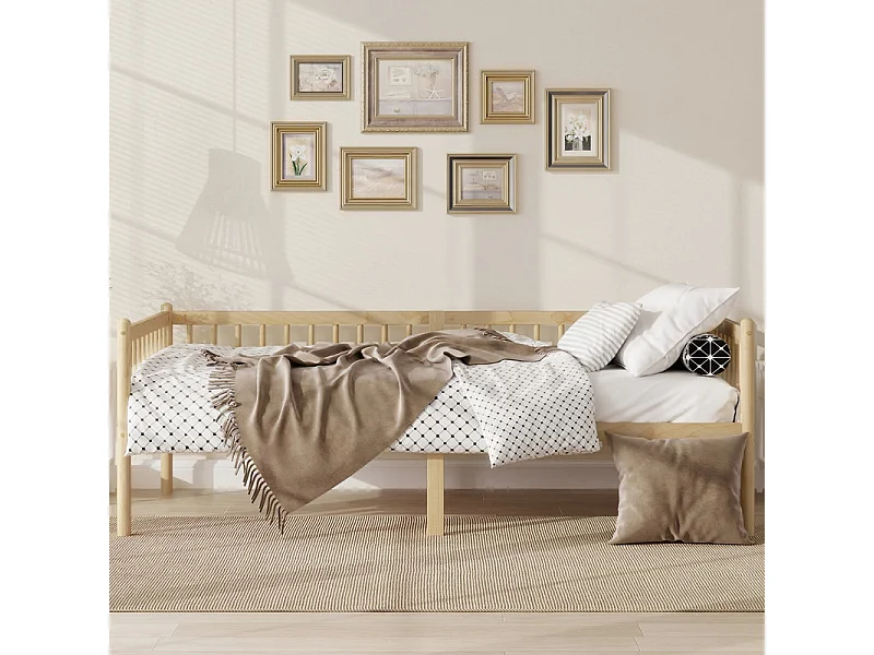 Bankbed 90x200cm van Grenen - met barrieres op 3 zijden - matras max 13cm - Natuur