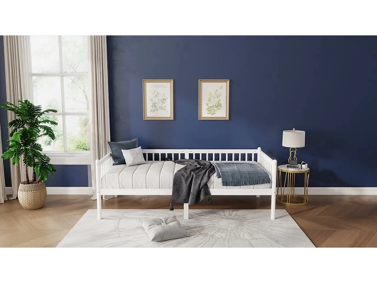 Lit banquette 90x200cm en Pin - avec barrières sur 3 côtés - matelas adaptée : ép. Max 13cm - Blanc