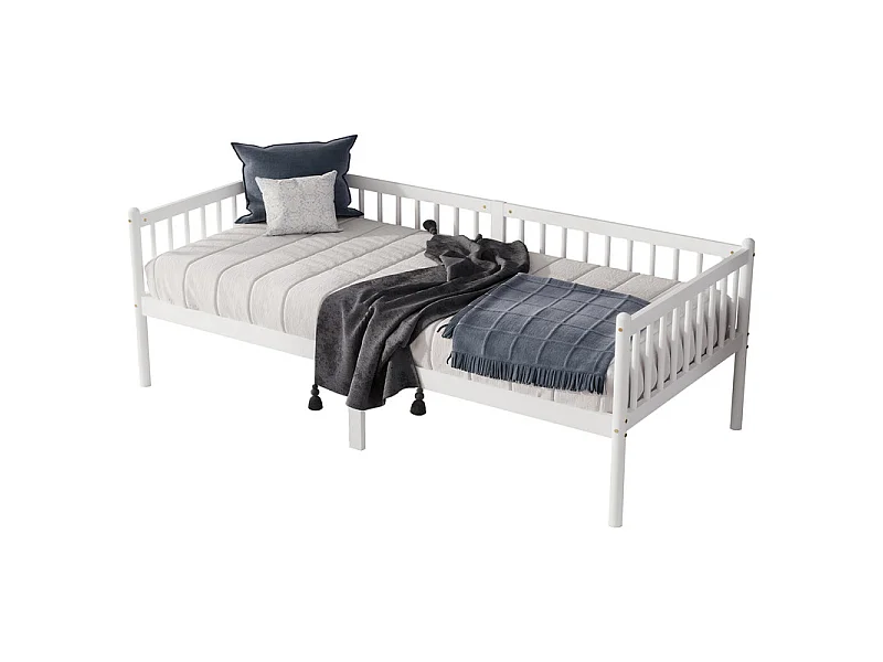 Lit banquette 90x200cm en Pin - avec barrières sur 3 côtés - matelas adaptée : ép. Max 13cm - Blanc