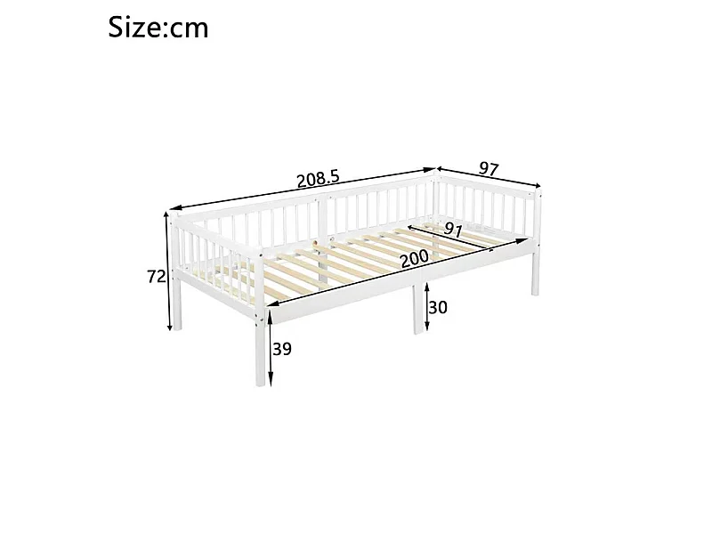Lit banquette 90x200cm en Pin - avec barrières sur 3 côtés - matelas adaptée : ép. Max 13cm - Blanc
