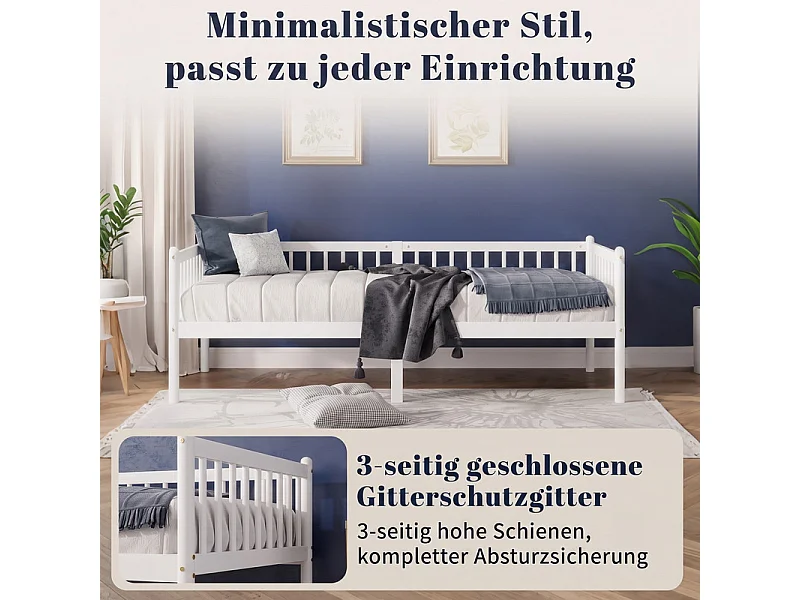 Lit banquette 90x200cm en Pin - avec barrières sur 3 côtés - matelas adaptée : ép. Max 13cm - Blanc