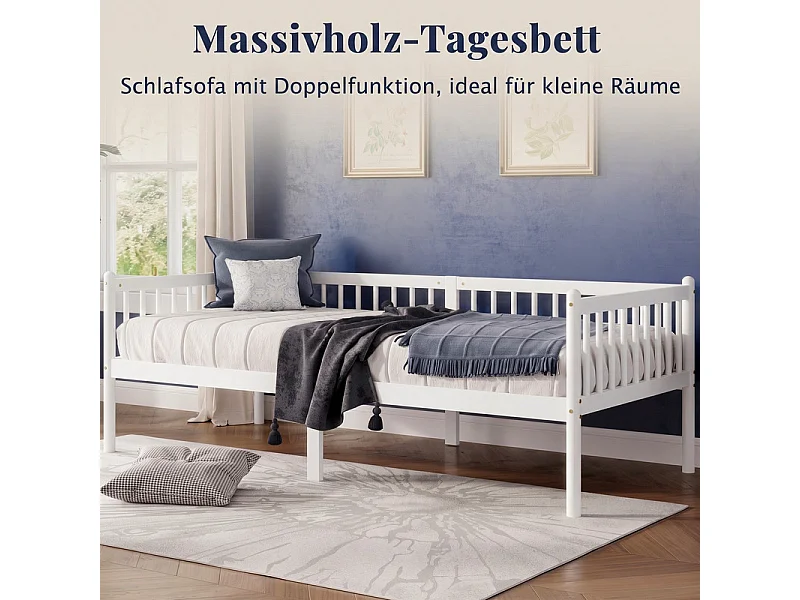 Lit banquette 90x200cm en Pin - avec barrières sur 3 côtés - matelas adaptée : ép. Max 13cm - Blanc