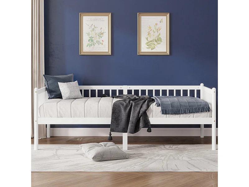 Lit banquette 90x200cm en Pin - avec barrières sur 3 côtés - matelas adaptée : ép. Max 13cm - Blanc