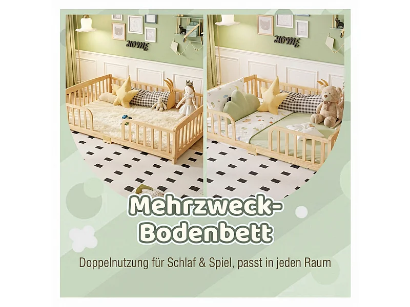 Cama baja 140x200cm - con seguridad - colchón adaptado: máx. 13 cm - Pino - Natural