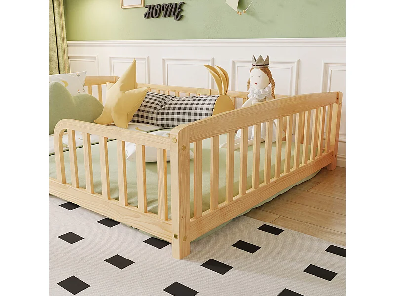 Cama baja 140x200cm - con seguridad - colchón adaptado: máx. 13 cm - Pino - Natural
