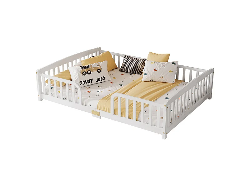 Lit au sol 140x200 cm - avec sécurité - matelas adaptée : ép. Max 13 cm - Pin - Blanc
