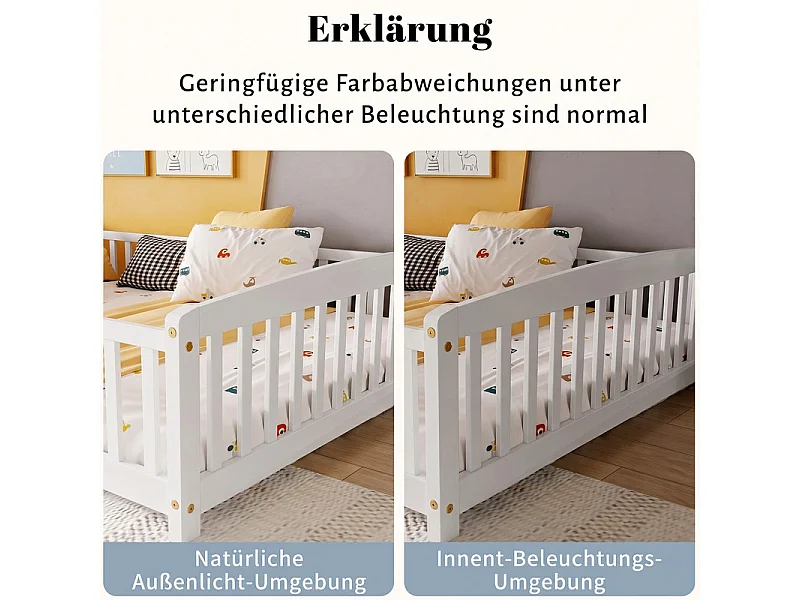 Lit au sol 140x200 cm - avec sécurité - matelas adaptée : ép. Max 13 cm - Pin - Blanc