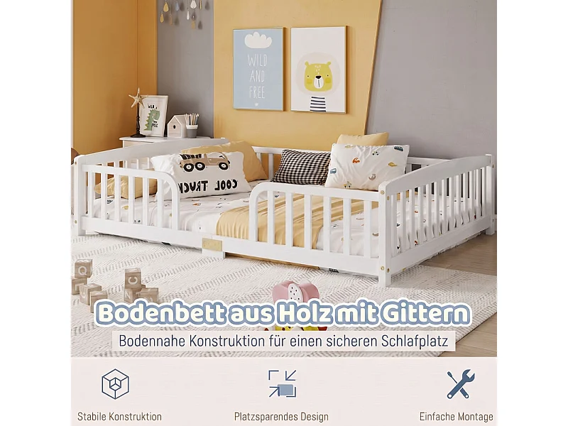 Lit au sol 140x200 cm - avec sécurité - matelas adaptée : ép. Max 13 cm - Pin - Blanc
