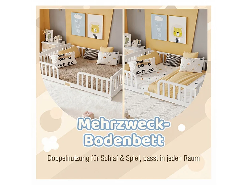 Lit au sol 140x200 cm - avec sécurité - matelas adaptée : ép. Max 13 cm - Pin - Blanc