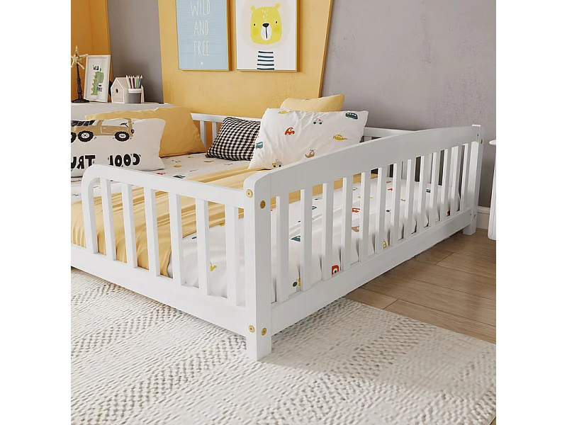Lit au sol 140x200 cm - avec sécurité - matelas adaptée : ép. Max 13 cm - Pin - Blanc
