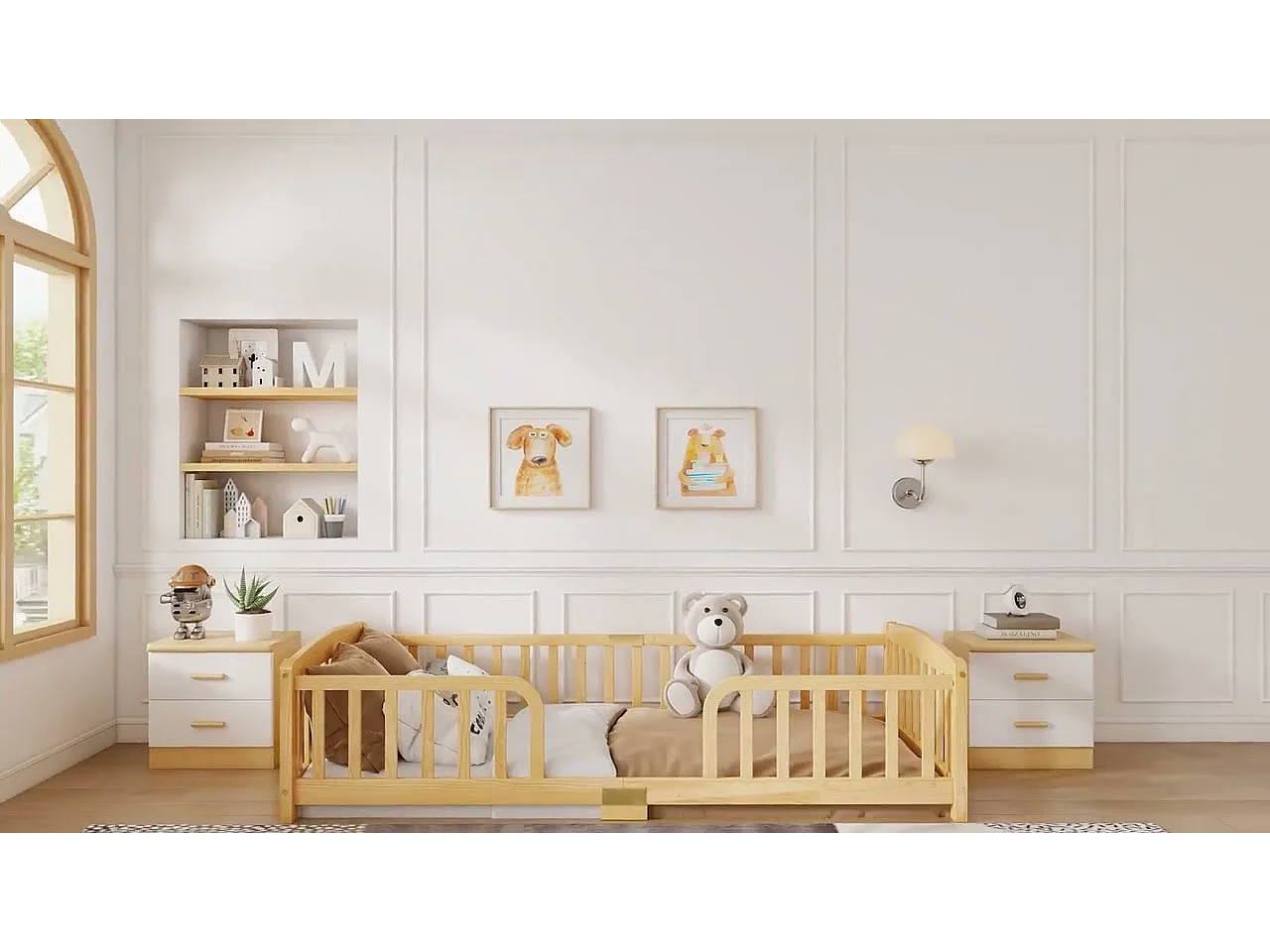 Lit au sol enfant 90x200cm - avec sécurité - matelas adaptée : ép. Max 13 cm - Pin - Naturel
