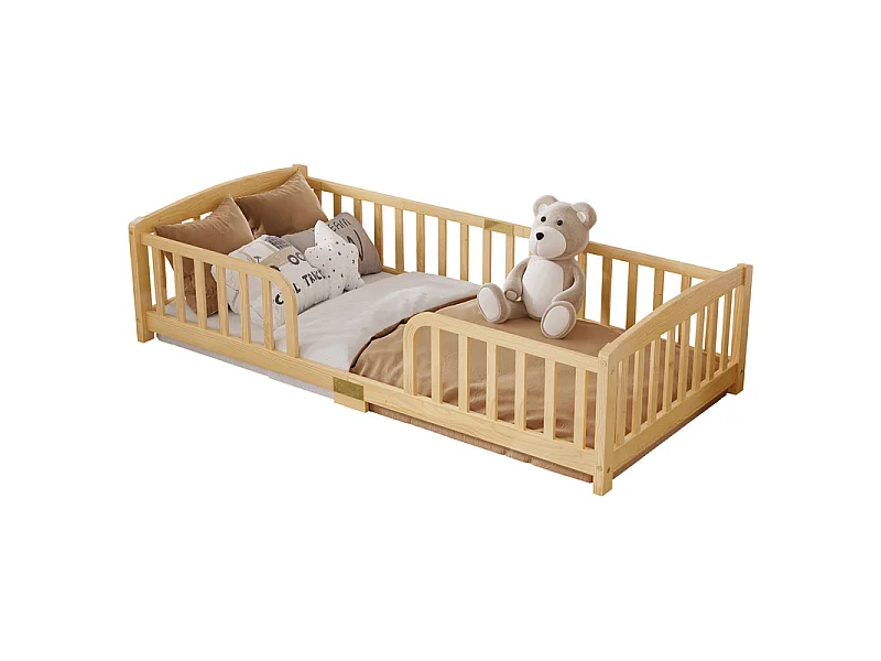 Lit au sol enfant 90x200cm - avec sécurité - matelas adaptée : ép. Max 13 cm - Pin - Naturel