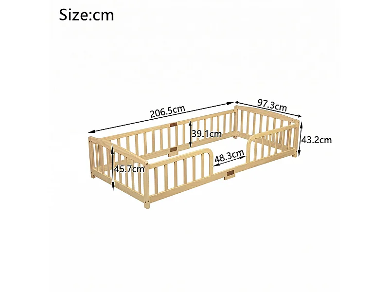 Lit au sol enfant 90x200cm - avec sécurité - matelas adaptée : ép. Max 13 cm - Pin - Naturel
