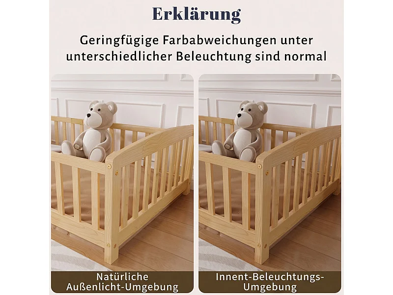 Lit au sol enfant 90x200cm - avec sécurité - matelas adaptée : ép. Max 13 cm - Pin - Naturel