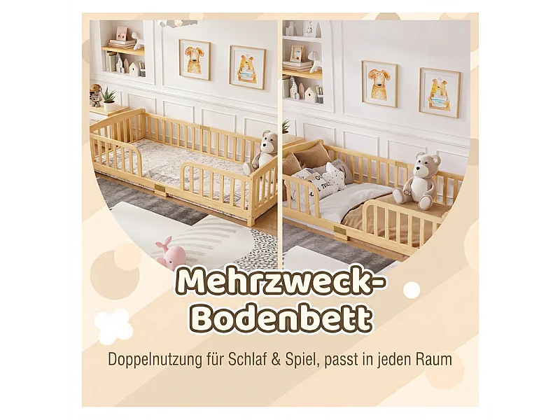 Lit au sol enfant 90x200cm - avec sécurité - matelas adaptée : ép. Max 13 cm - Pin - Naturel
