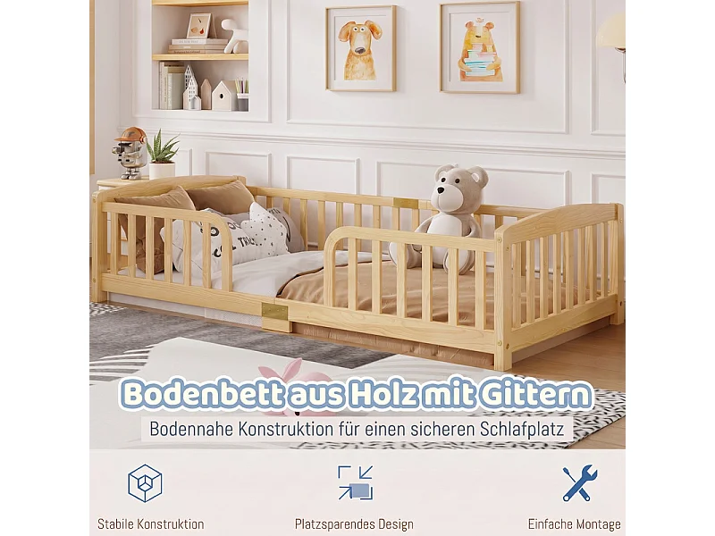 Lit au sol enfant 90x200cm - avec sécurité - matelas adaptée : ép. Max 13 cm - Pin - Naturel