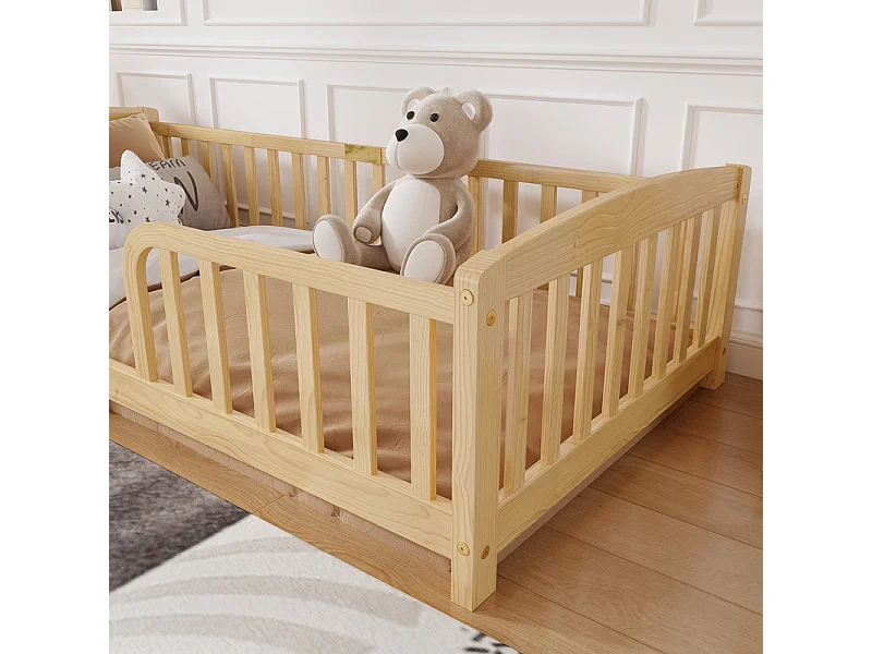 Lit au sol enfant 90x200cm - avec sécurité - matelas adaptée : ép. Max 13 cm - Pin - Naturel