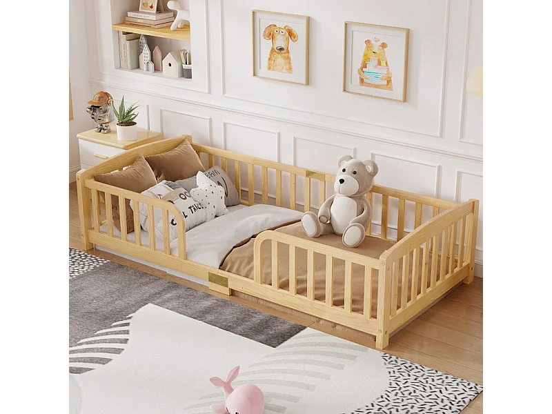 Lit au sol enfant 90x200cm - avec sécurité - matelas adaptée : ép. Max 13 cm - Pin - Naturel