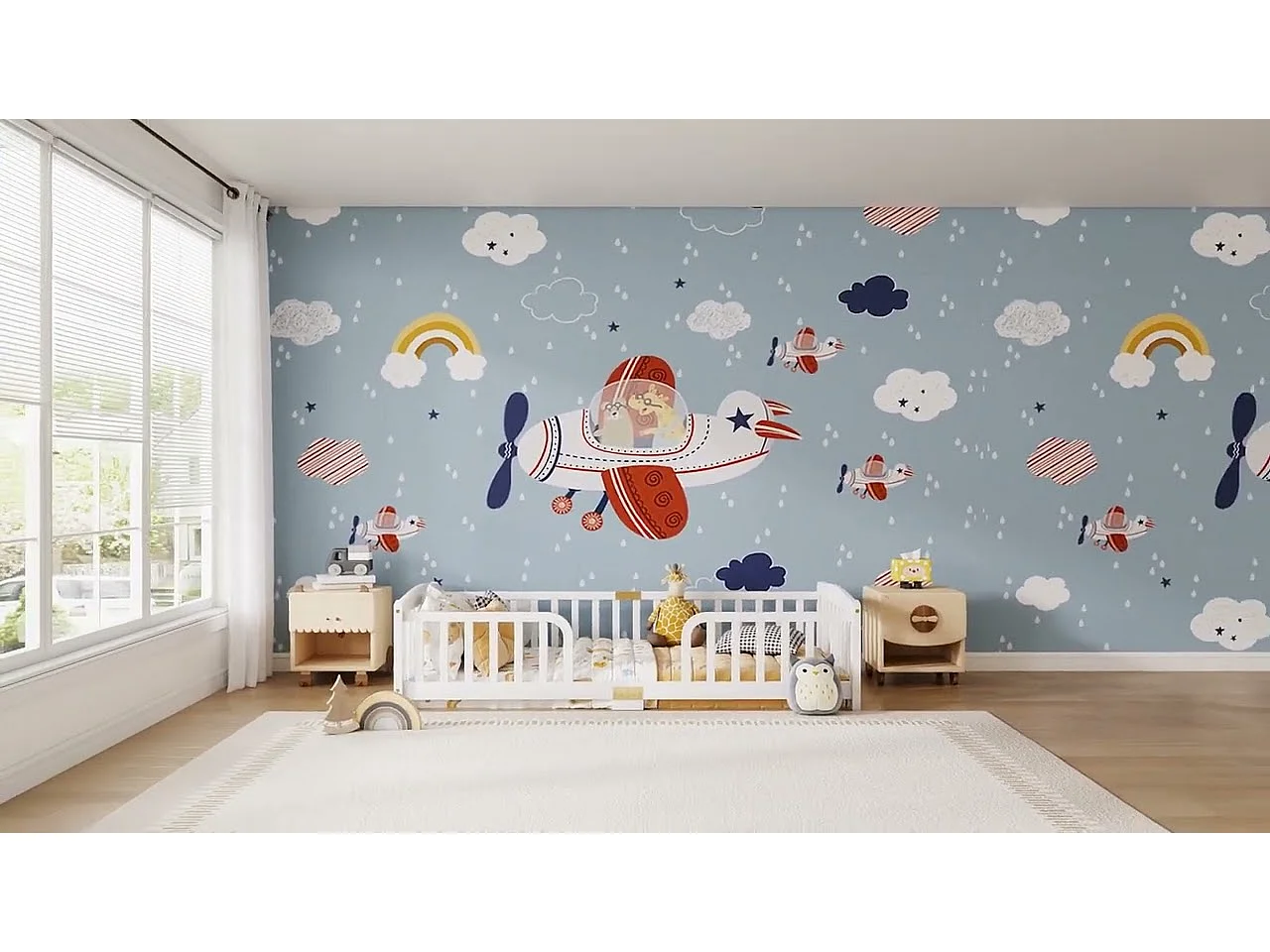 Cama infantil baja 90x200cm - con seguridad - colchón adaptado: máx. 13 cm - Pino - Blanco
