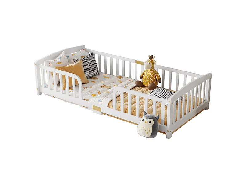 Cama infantil baja 90x200cm - con seguridad - colchón adaptado: máx. 13 cm - Pino - Blanco