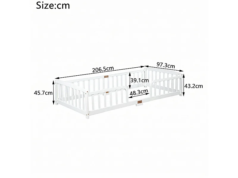 Cama infantil baja 90x200cm - con seguridad - colchón adaptado: máx. 13 cm - Pino - Blanco