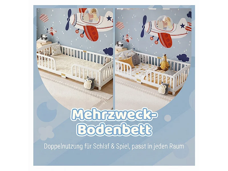 Cama infantil baja 90x200cm - con seguridad - colchón adaptado: máx. 13 cm - Pino - Blanco