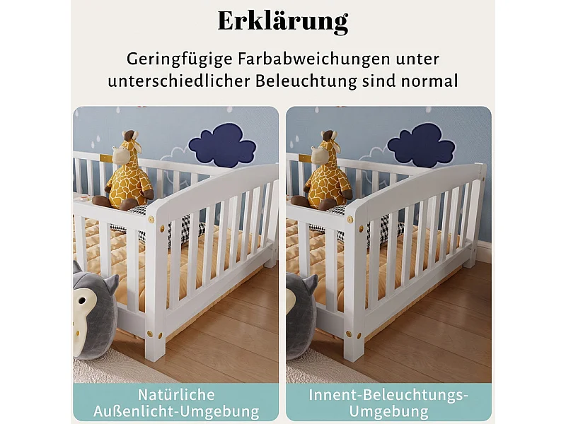 Cama infantil baja 90x200cm - con seguridad - colchón adaptado: máx. 13 cm - Pino - Blanco