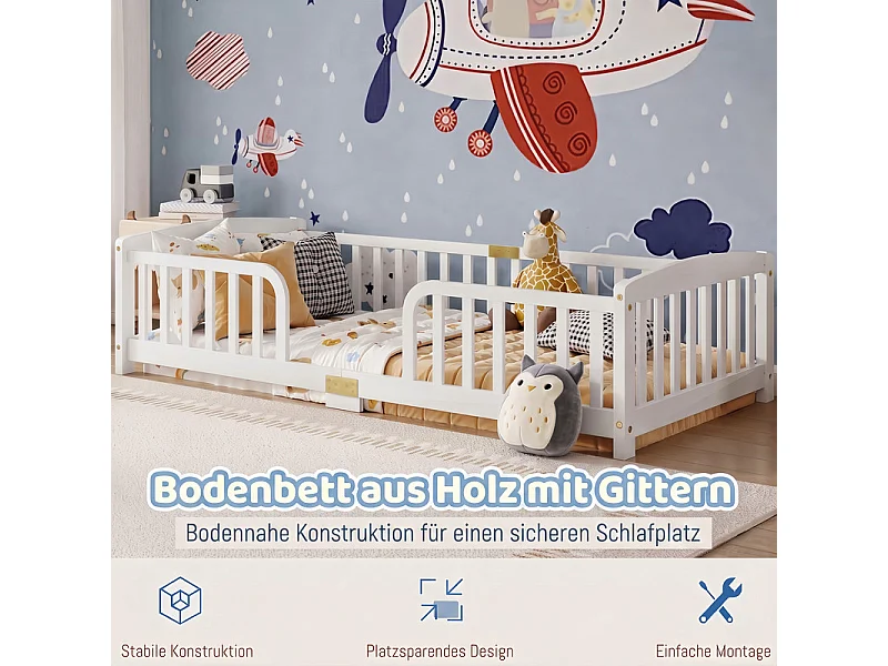 Cama infantil baja 90x200cm - con seguridad - colchón adaptado: máx. 13 cm - Pino - Blanco