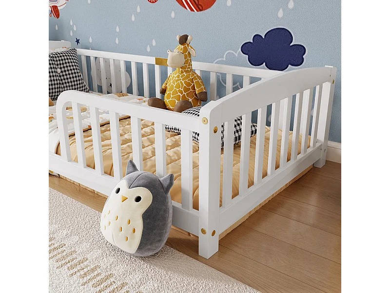 Cama infantil baja 90x200cm - con seguridad - colchón adaptado: máx. 13 cm - Pino - Blanco