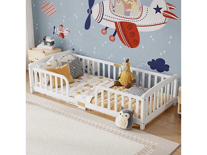 Cama infantil baja 90x200cm - con seguridad - colchón adaptado: máx. 13 cm - Pino - Blanco